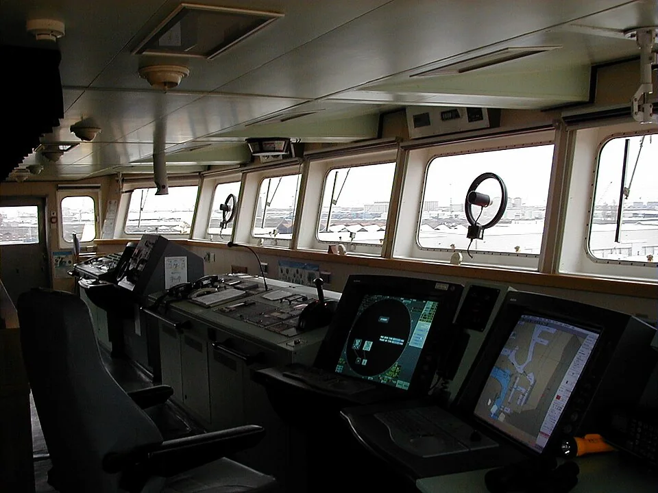 Ship bridge with radar and navigation displays