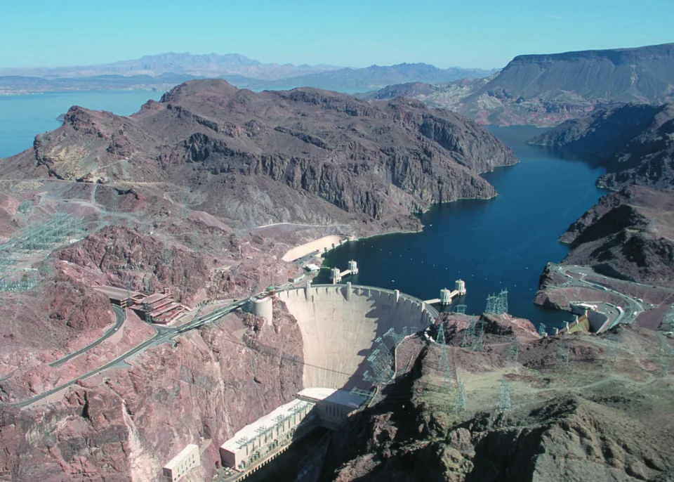 Aerial view of Hoover Dam and its reservoir